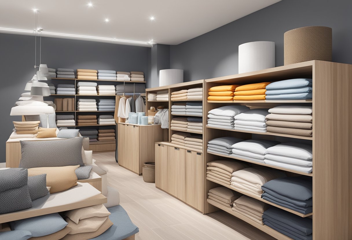 The Epitex product range displayed on shelves with various bedding items in a well-lit showroom