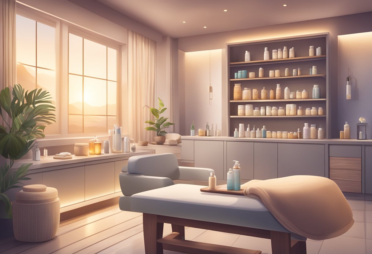 A serene spa setting with shelves of skincare products, soft lighting, and a comfortable treatment chair