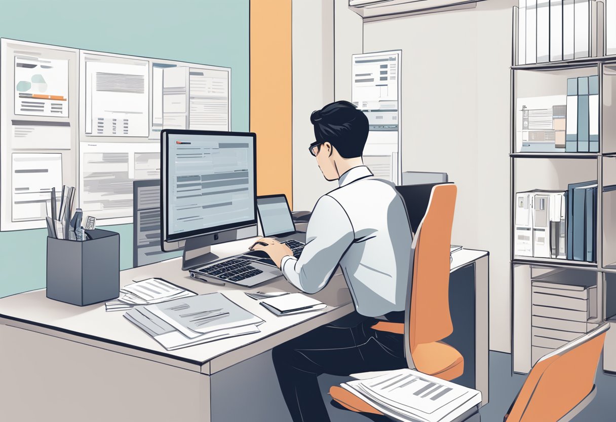 A person sitting at a desk, using a laptop to access CIMB Clicks Singapore, with financial documents and a calculator spread out in front of them