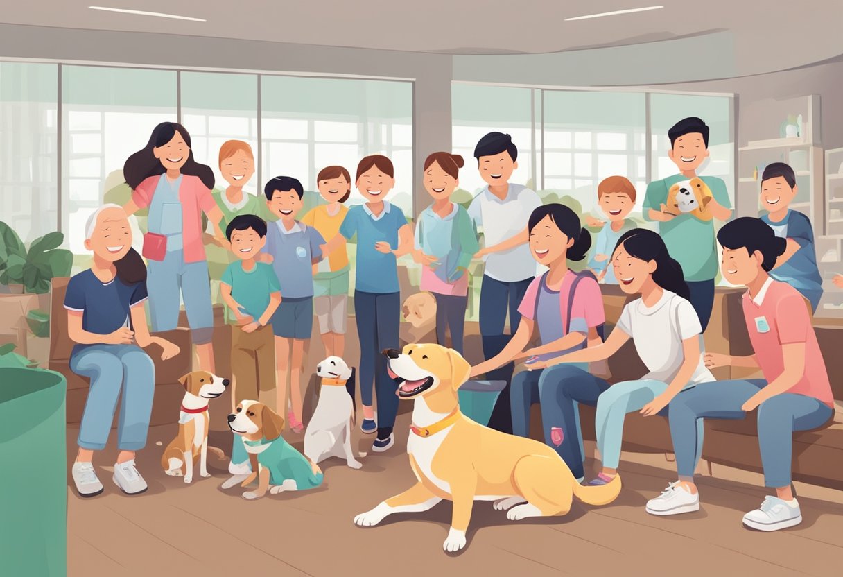 A joyful dog being adopted in Singapore, surrounded by smiling volunteers and a loving family