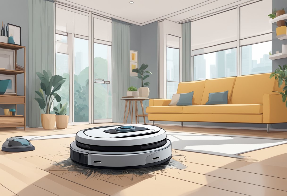A sleek vacuum robot glides across a modern, clutter-free living room in Singapore, effortlessly cleaning the floor with precision and efficiency