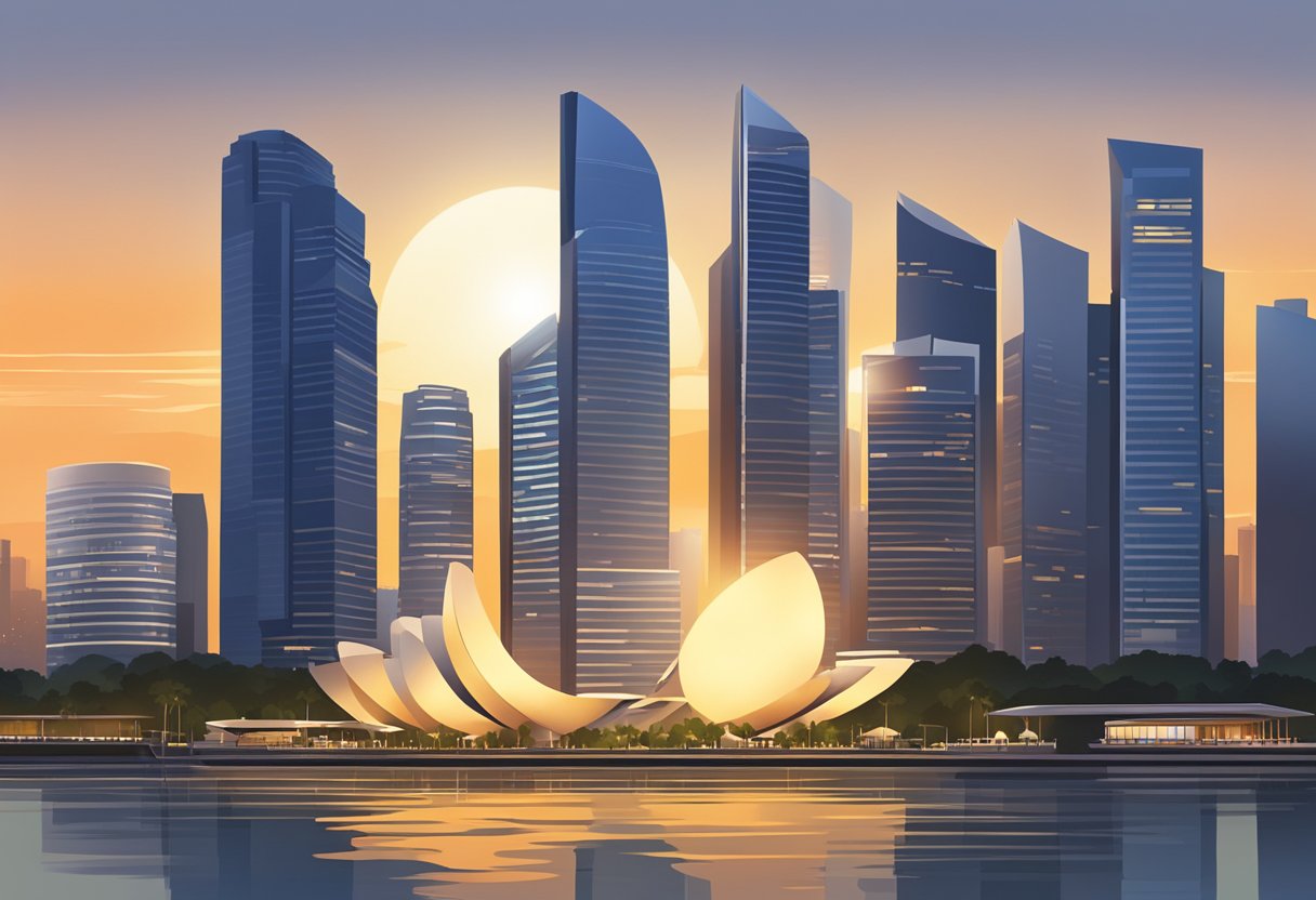 The sun sets behind the iconic Singapore skyline, casting a warm glow over the city's modern architecture and reflecting off the calm waters of Marina Bay