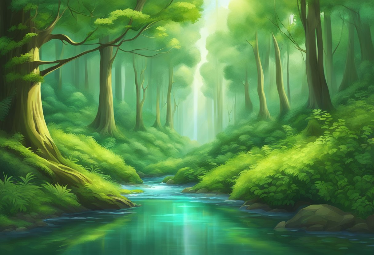 A lush green forest with a clear stream running through, showcasing the harmony between nature and modern technology