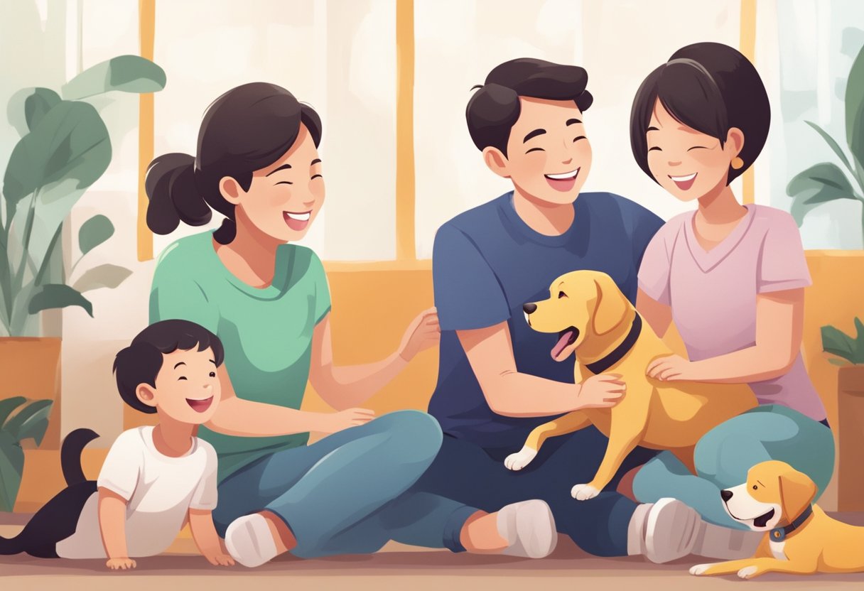 A happy dog being adopted by a smiling family at a Singaporean animal shelter