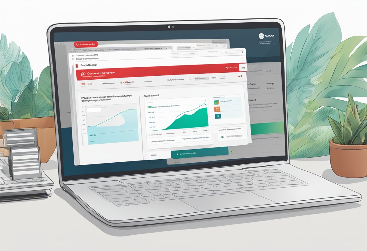 A laptop displaying the Cimb Clicks Singapore website with a list of frequently asked questions and a customer service chat window