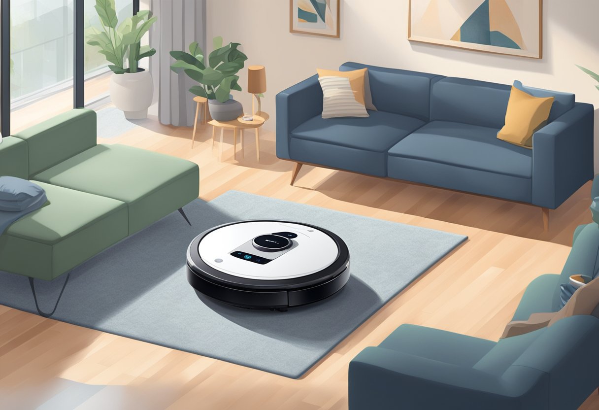 A robot vacuum glides across a sleek Singaporean living room, navigating effortlessly around furniture and corners, while sensors detect and avoid obstacles