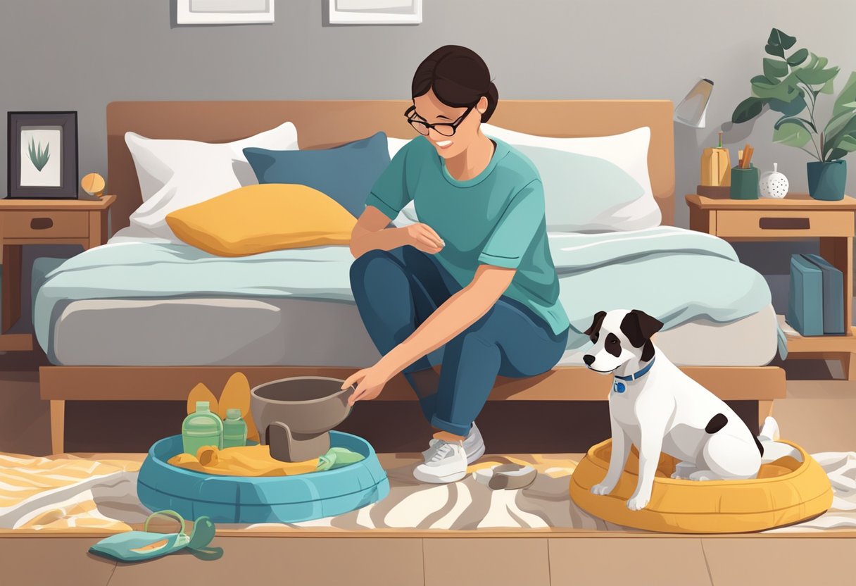 A person fills a water bowl for their newly adopted dog, while another person prepares a comfortable bed with blankets and toys