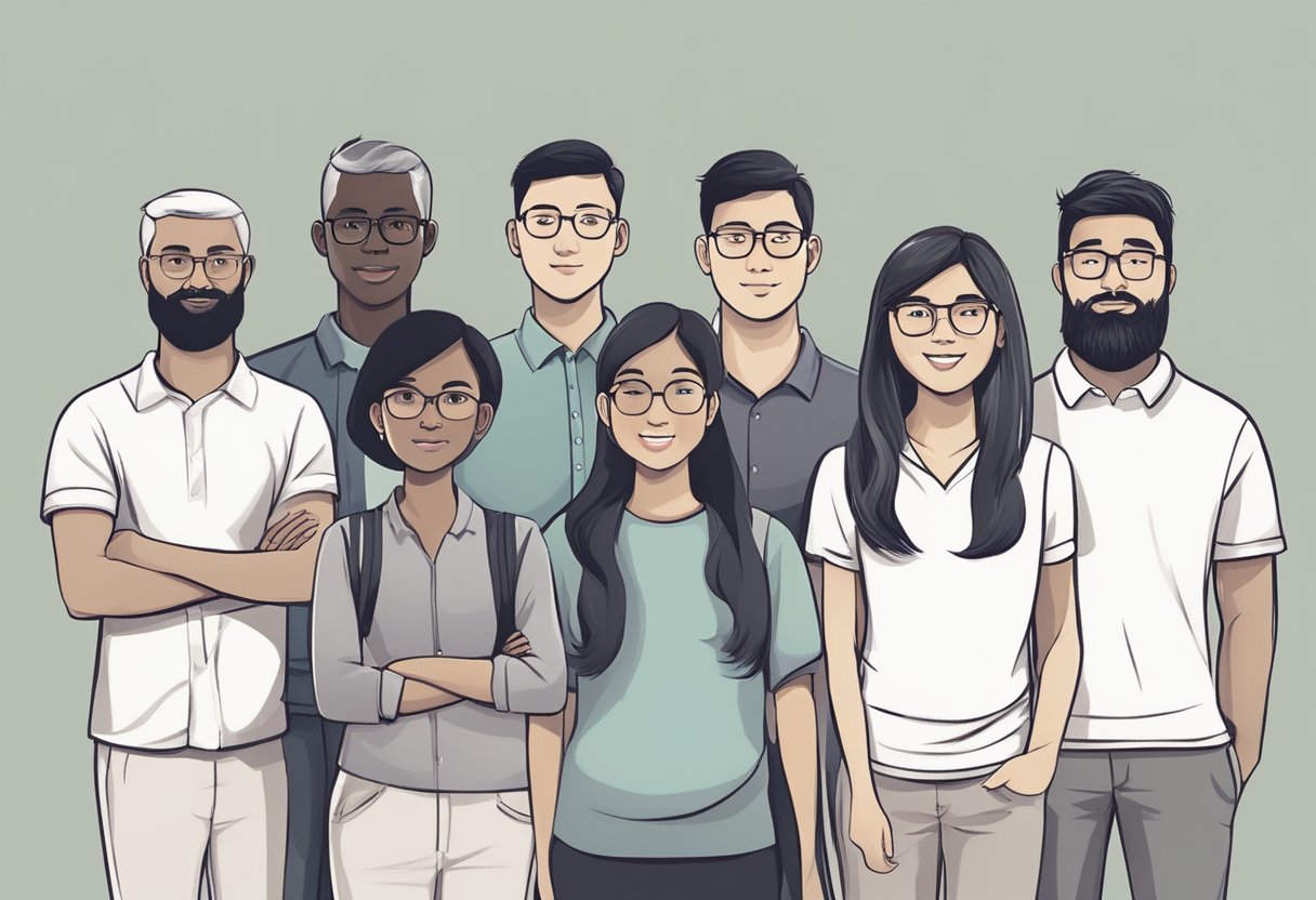 A diverse group of people from different ethnic backgrounds standing together in unity, symbolizing racial harmony in Singapore
