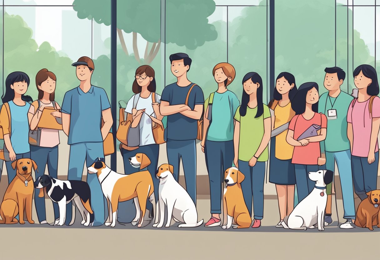 A group of people standing in line at a dog adoption event in Singapore, with a variety of dogs waiting to be adopted in the background