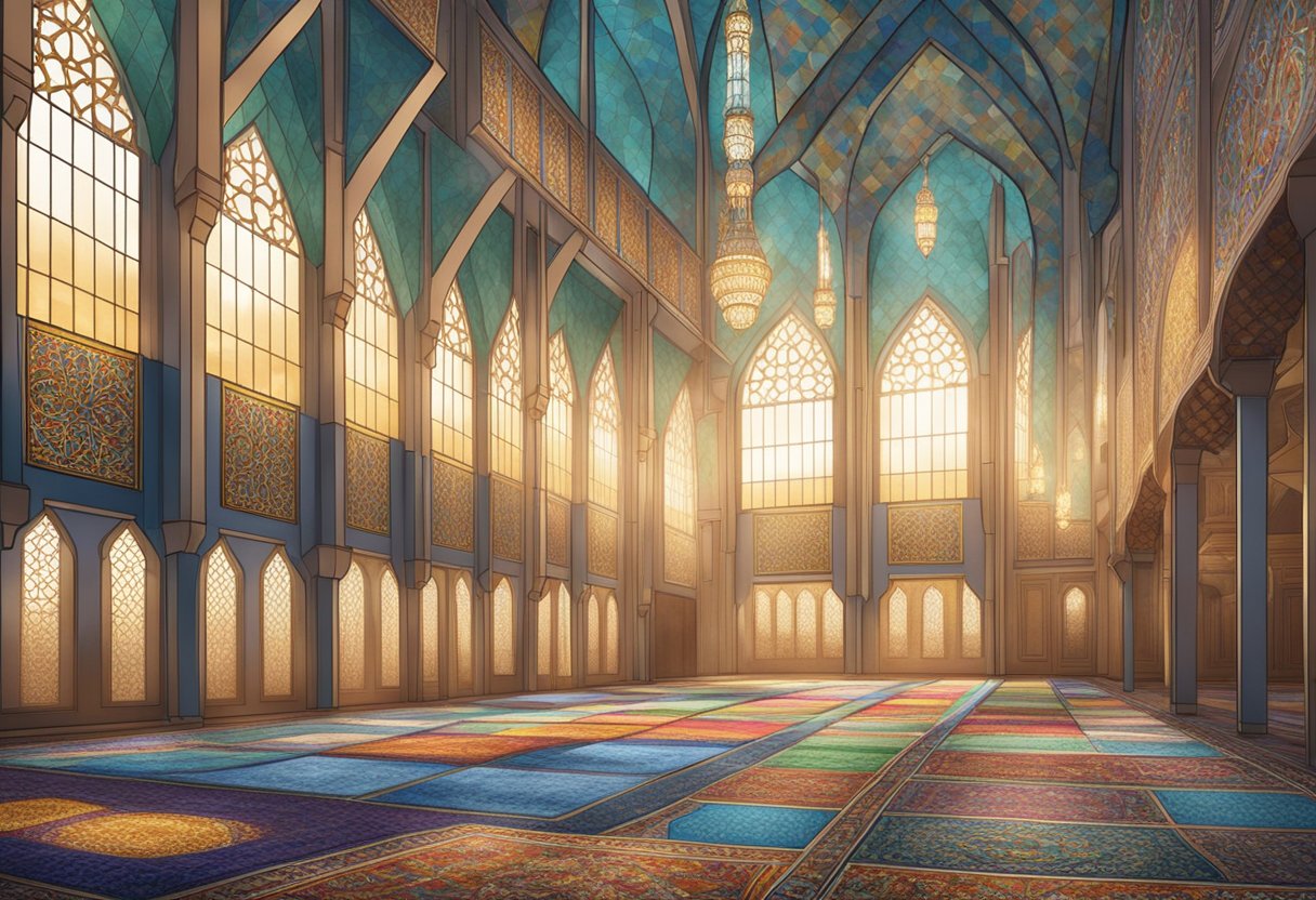A serene mosque interior with clean, patterned carpets, rows of empty prayer mats, and soft natural light streaming through stained glass windows