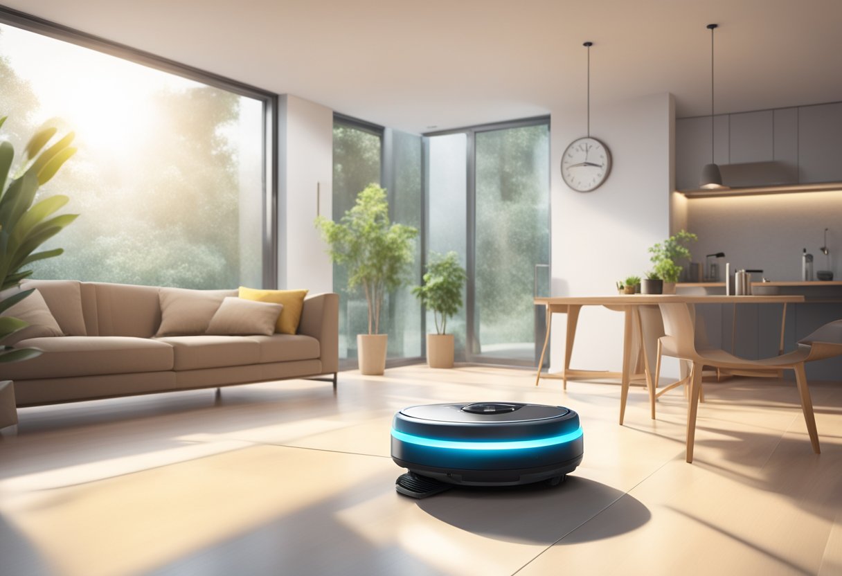 A sleek vacuum robot navigates around a modern Singaporean home, effortlessly cleaning the floors as sunlight streams in through the windows