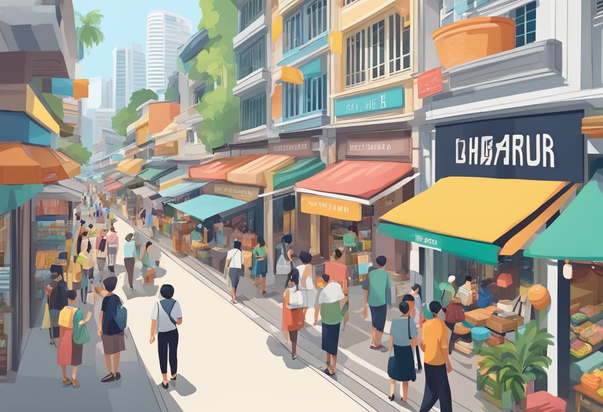 A bustling Singapore street with a prominent sign for "Frequently Asked Questions zuhur" in bold letters, surrounded by diverse shops and people