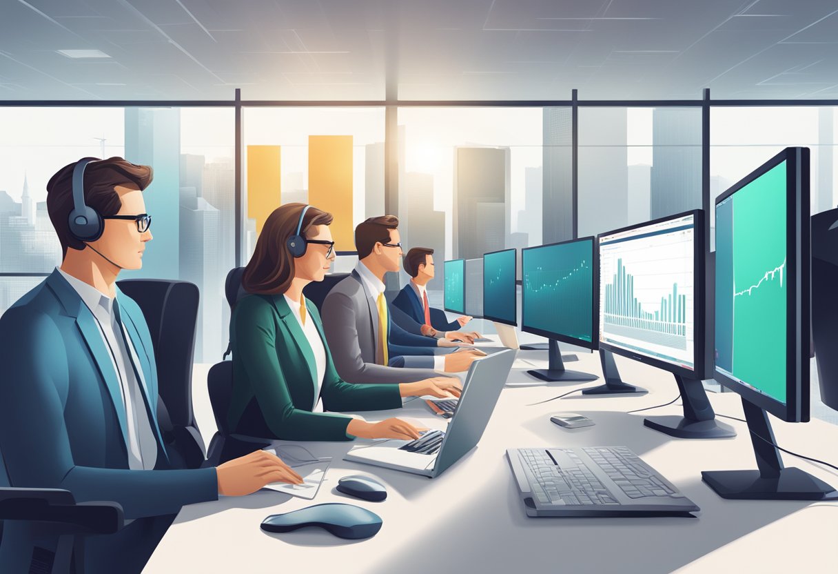 A group of professionals in a modern office setting, analyzing data on computer screens and discussing insights