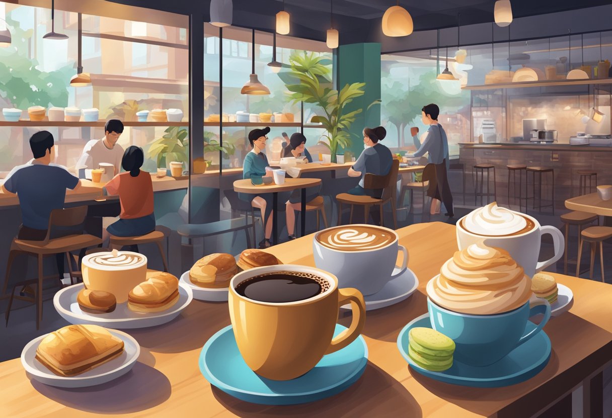 A bustling 24-hour coffee shop in Singapore, with steaming cups of coffee, colorful pastries, and a warm, inviting atmosphere