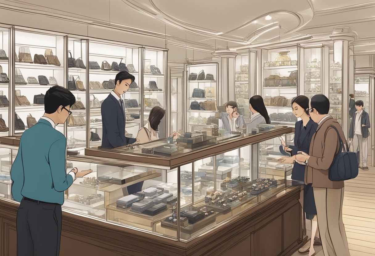 A bustling watch shop in Singapore, with display cases filled with luxury timepieces and a knowledgeable salesperson assisting a customer