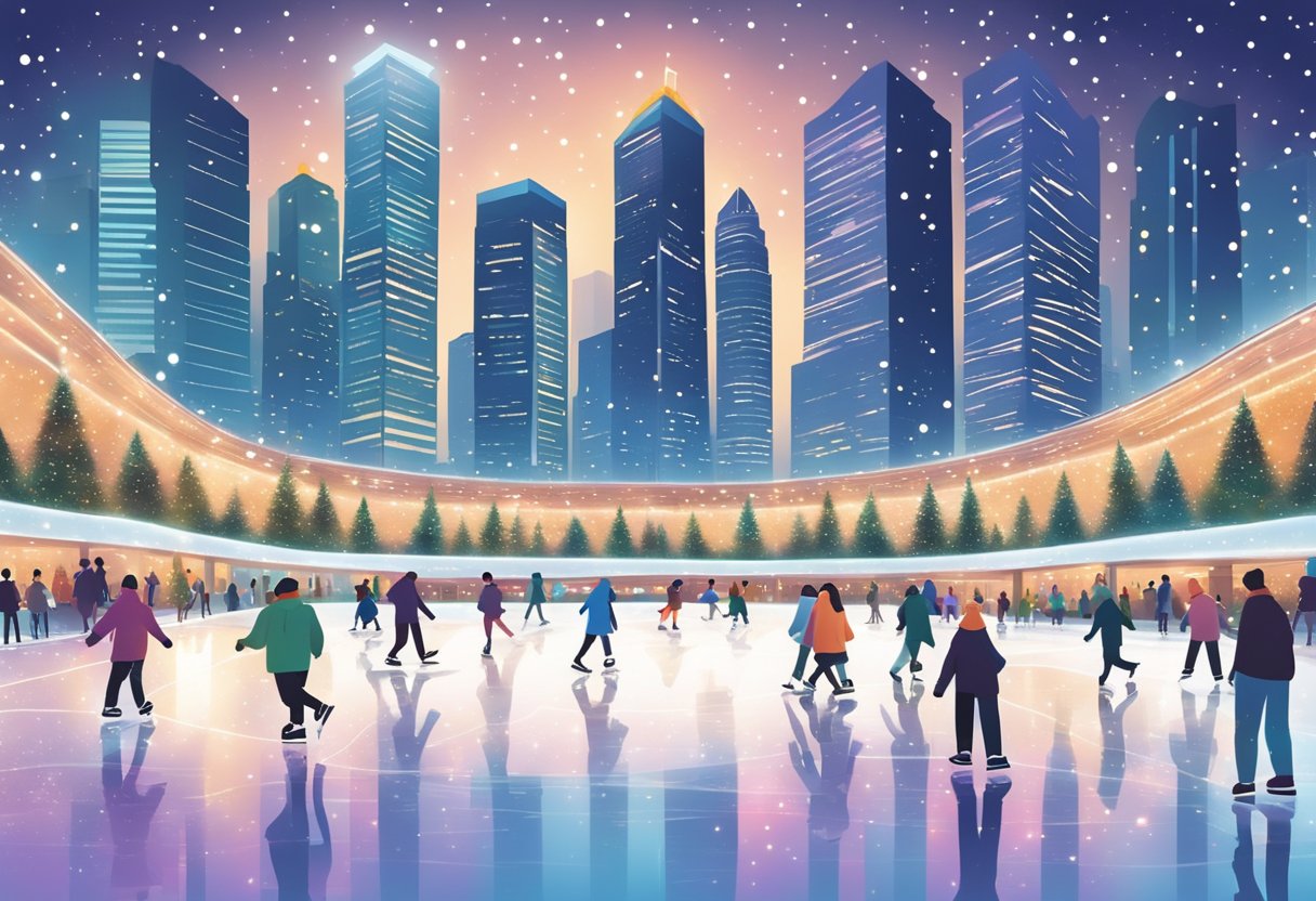 People gracefully glide across a glistening ice rink in Singapore, surrounded by twinkling lights and skyscrapers