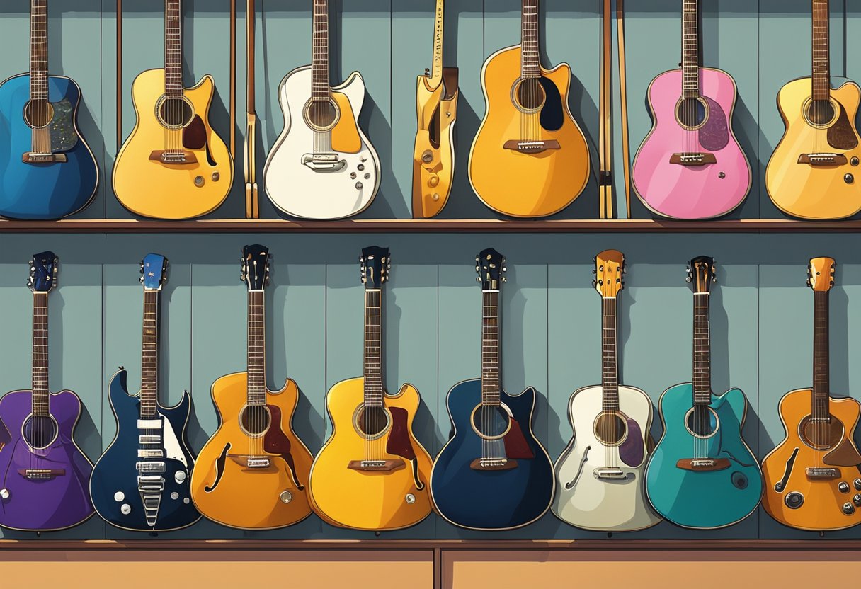 A colorful array of guitars lines the walls of a cozy shop in Singapore, with sunlight streaming through the windows, casting a warm glow on the instruments