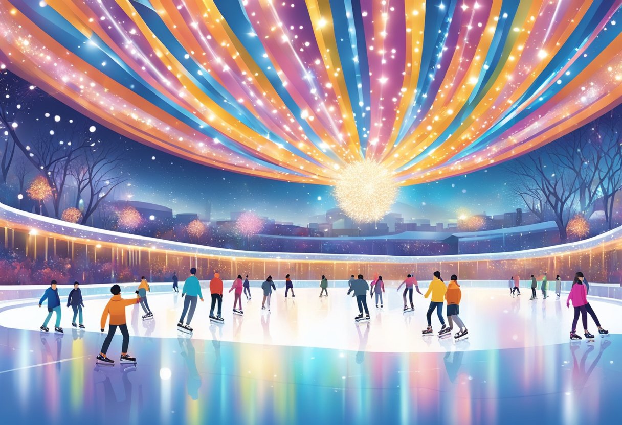 People gliding on ice at Singapore ice skating rinks. Bright lights and colorful surroundings create a festive atmosphere