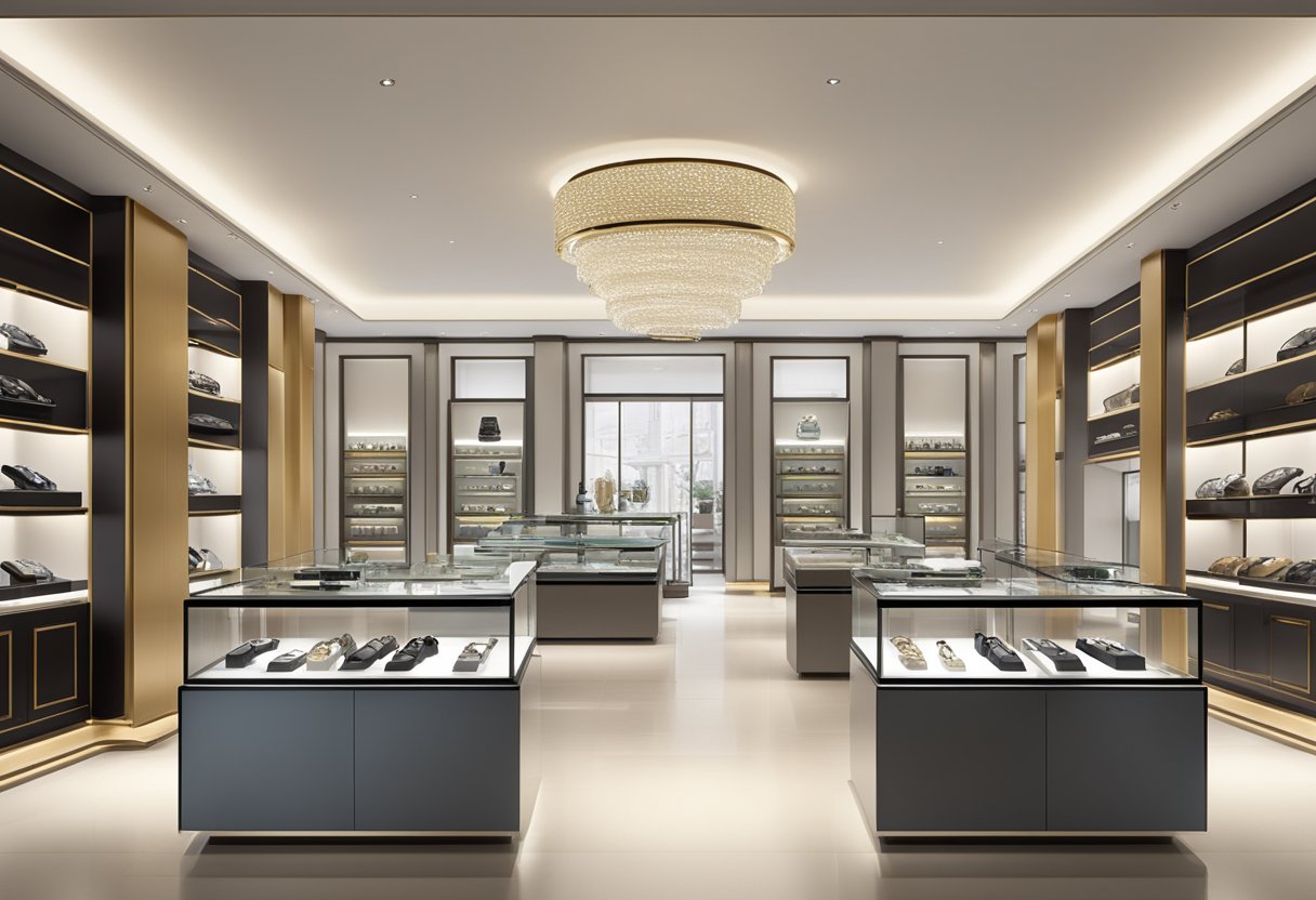 A well-lit watch shop with polished glass display cases showcasing an array of elegant timepieces. Shelves lined with luxury watch boxes and a sleek, modern counter with a variety of watches on display