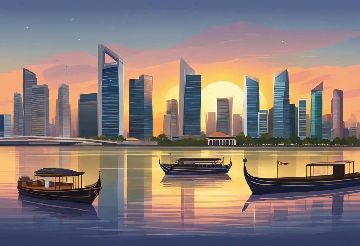 The sun sets over the Singapore skyline as the call to prayer echoes through the city during Zohor time