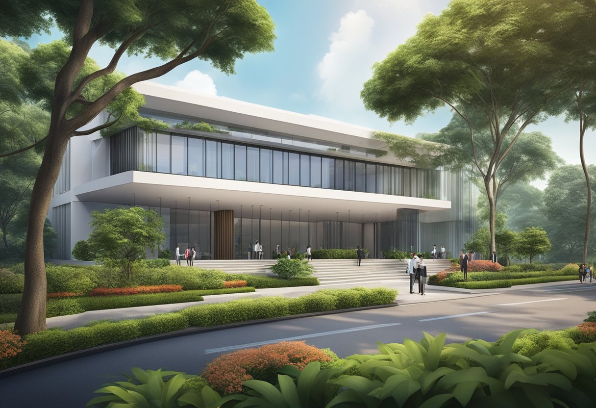 The German embassy in Singapore, a modern building with the German flag flying high, surrounded by lush greenery and well-maintained landscaping