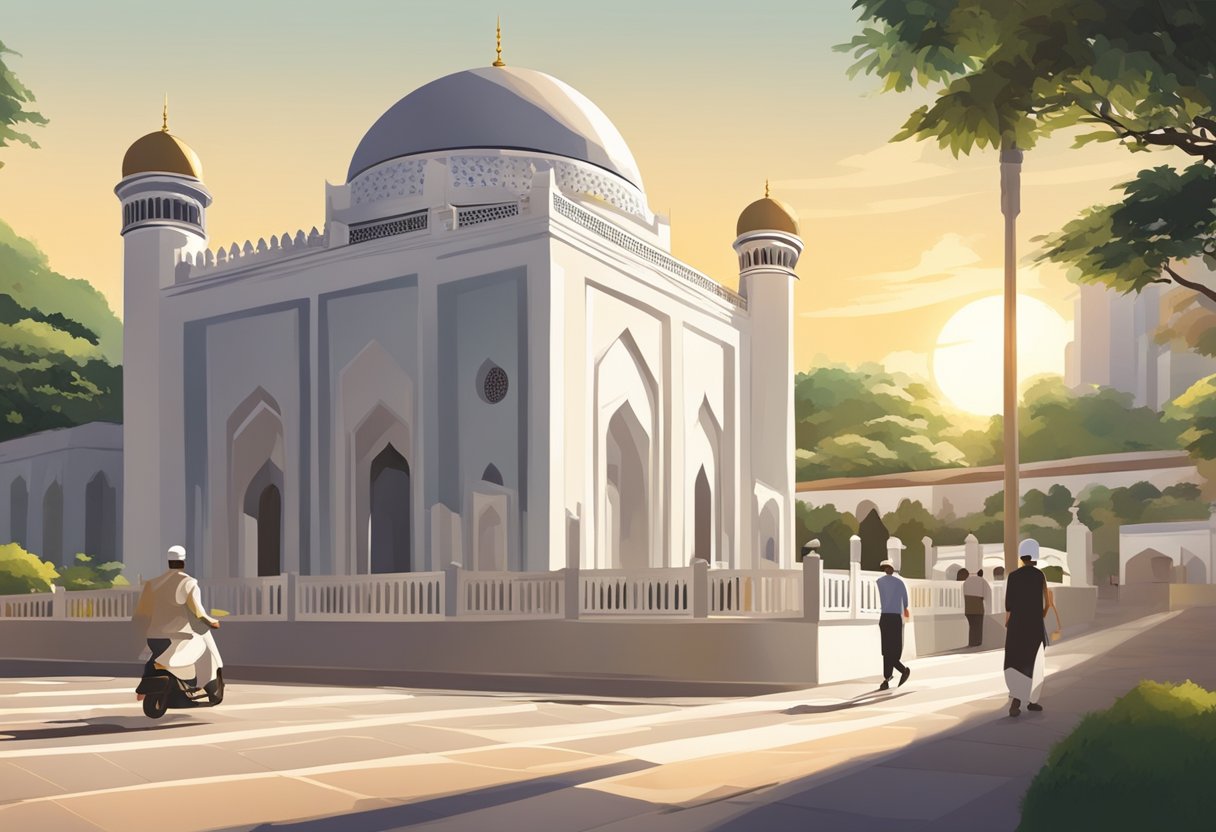 The sun shines over a mosque in Singapore, casting long shadows. A clock on the wall reads "Zohor Time." The streets are quiet as people prepare for midday prayer