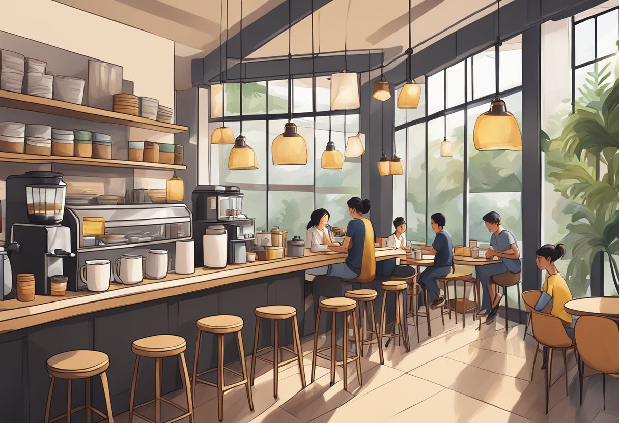 A bustling 24/7 coffee shop in Singapore, with steaming cups of coffee, cozy seating, and warm lighting, creating a welcoming and lively atmosphere