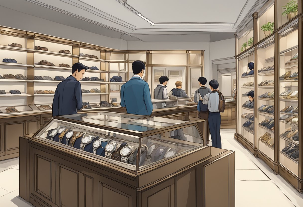 A bustling watch shop in Singapore, with shelves lined with various timepieces, and customers browsing and asking questions to the attentive staff