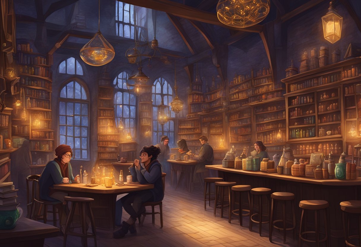 A cozy, dimly lit cafe adorned with wizarding decor. Bookshelves line the walls, and a large cauldron bubbles in the corner. Tables are scattered with spellbooks and potion bottles, while patrons sip on magical-themed drinks