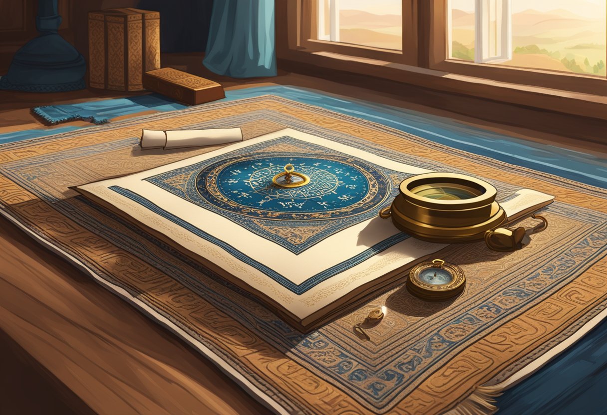 A prayer rug and a compass lay on a table, with a Quran open to a page. The room is filled with natural light from a window