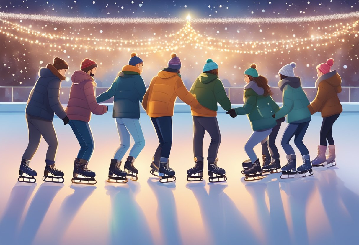 A group of people lace up their skates on a glistening ice rink, surrounded by twinkling lights and a festive atmosphere