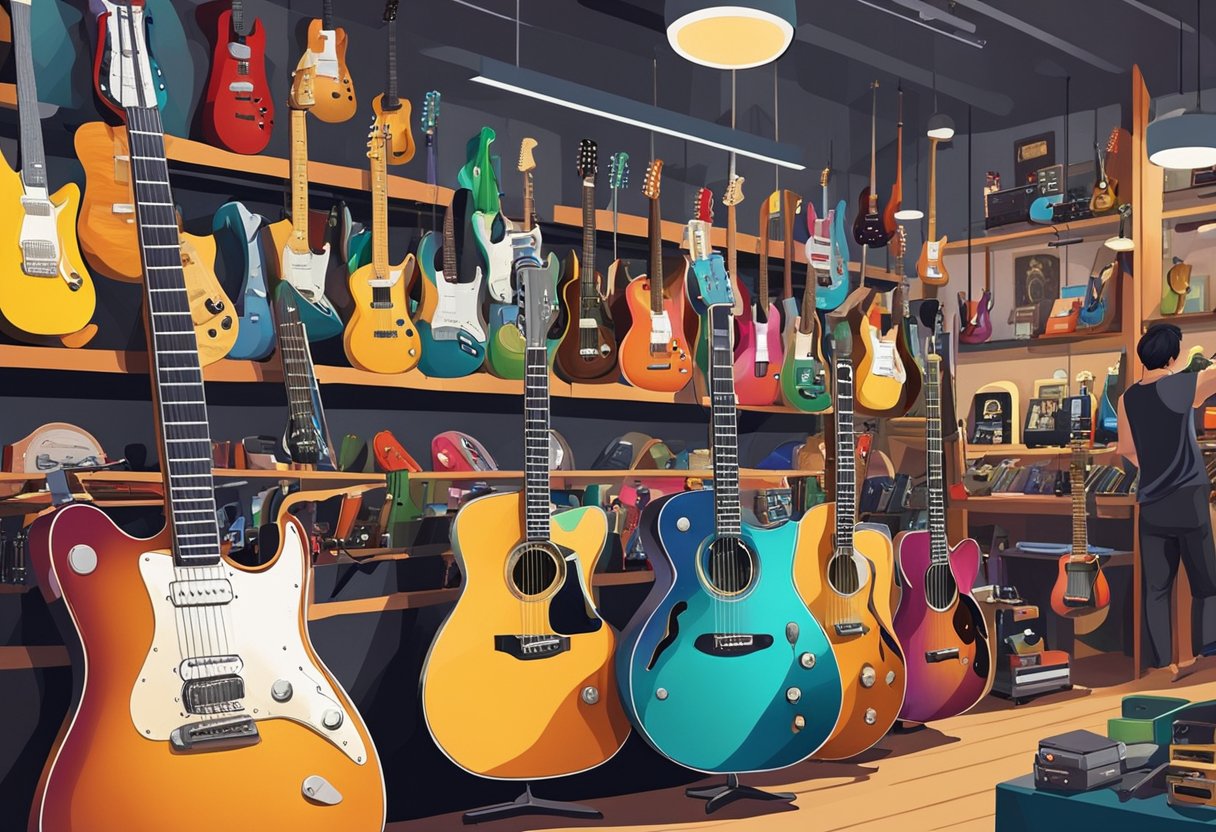 Customers browse rows of guitars in a vibrant Singapore guitar shop, surrounded by colorful instruments and music accessories