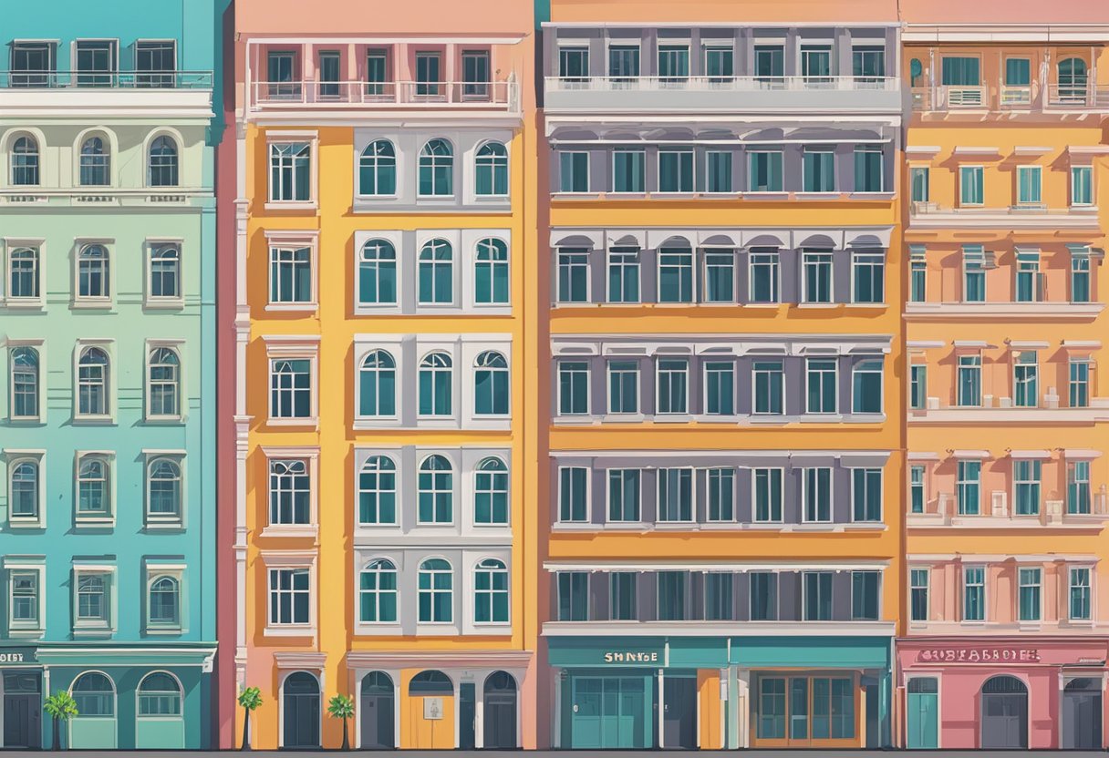 A row of colorful, modern buildings with "affordable hotels" signs in downtown Singapore