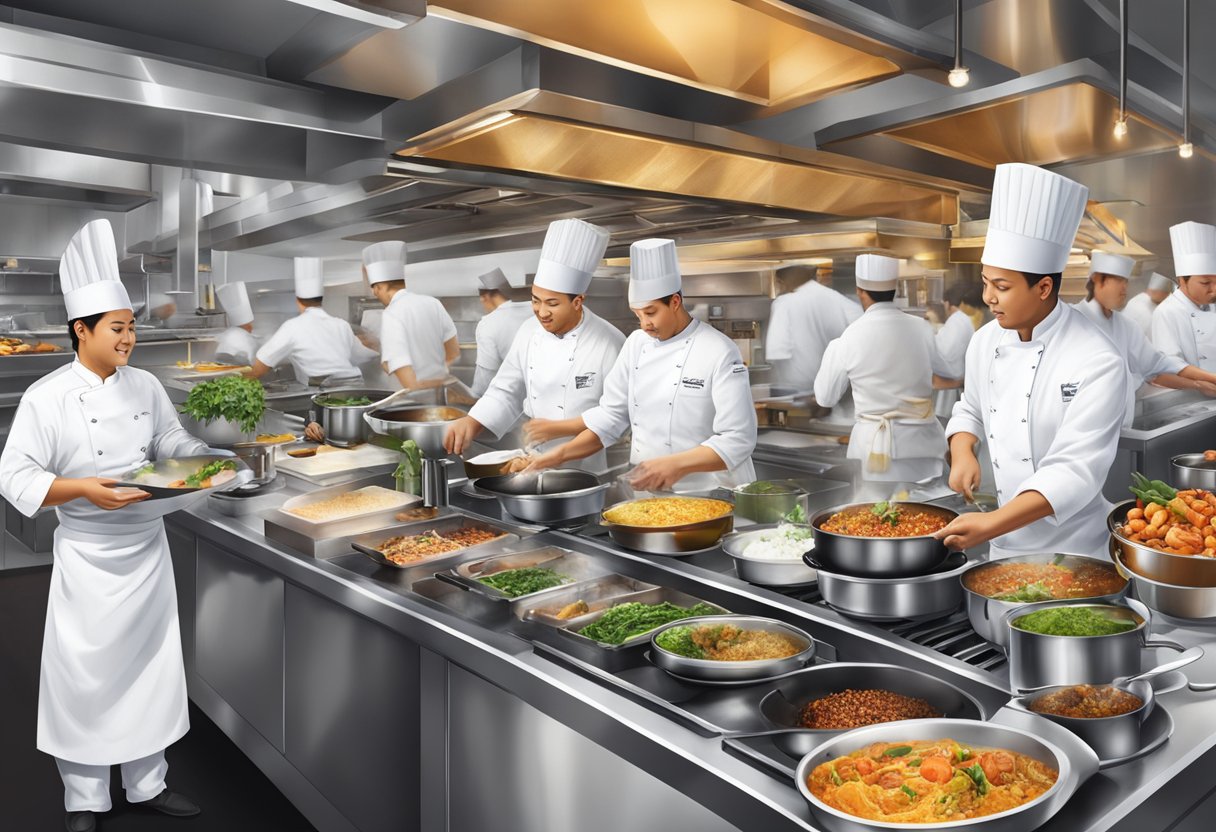 A bustling kitchen at Wolfgang Puck Singapore, with chefs expertly preparing international cuisine amidst the aroma of sizzling spices and vibrant ingredients