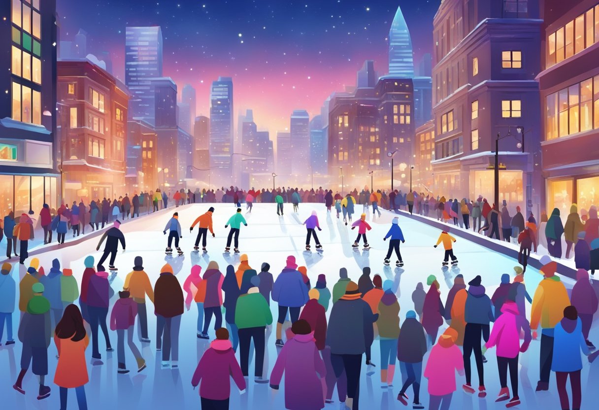 People skating on a smooth ice rink, surrounded by a bustling cityscape with colorful lights and a vibrant atmosphere