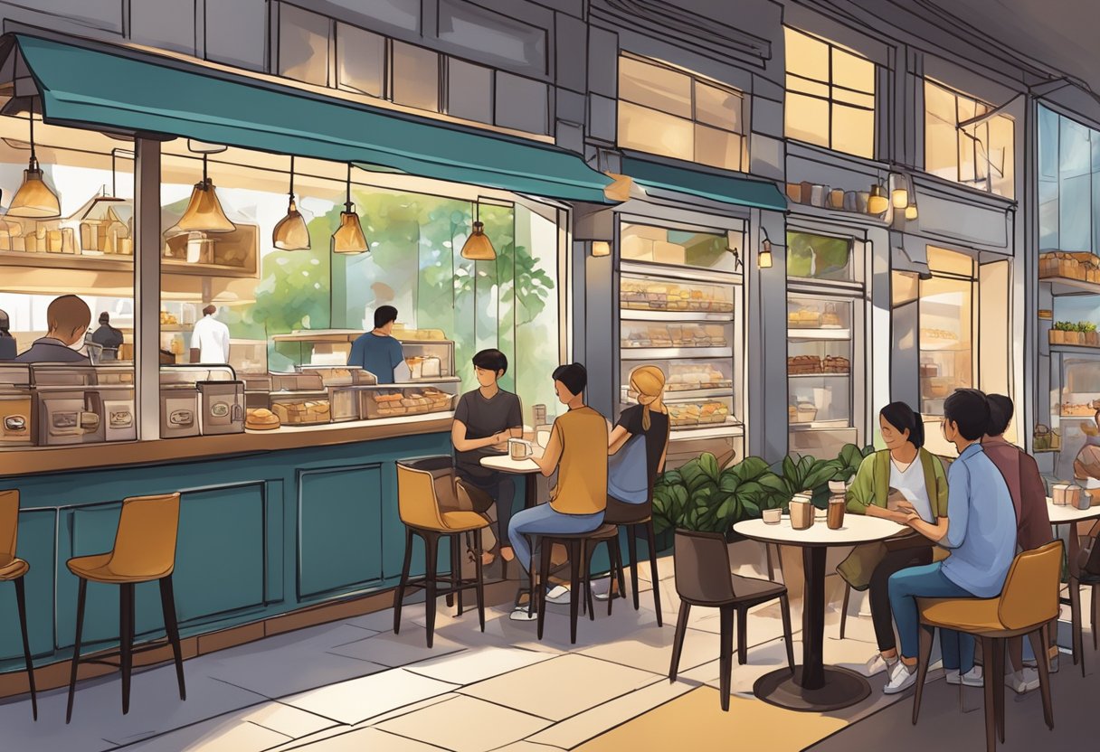 A bustling 24-hour coffee shop in Singapore, filled with the aroma of freshly brewed coffee and a variety of delectable pastries and sandwiches on display. Customers chat and enjoy their drinks at cozy tables