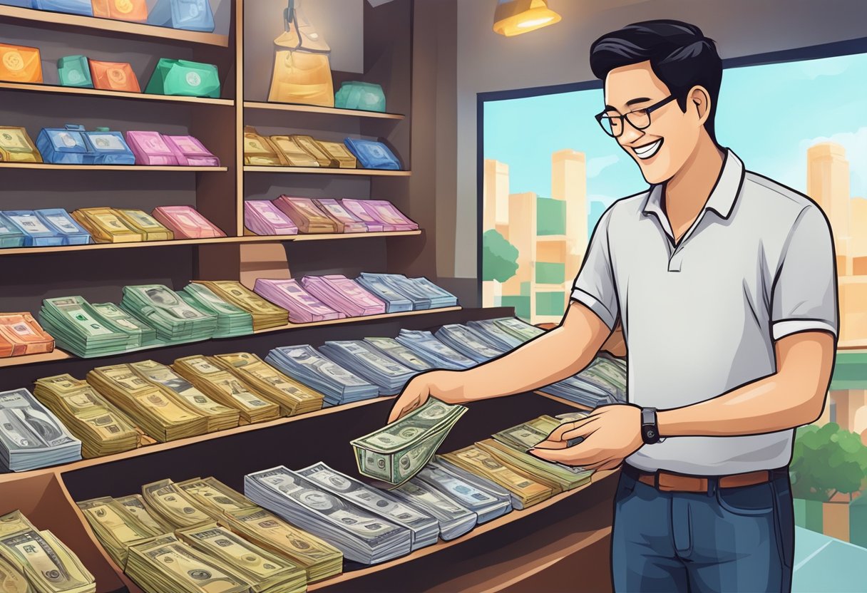 A customer hands over cash for a guitar at a shop in Singapore. The owner hands over the instrument and smiles