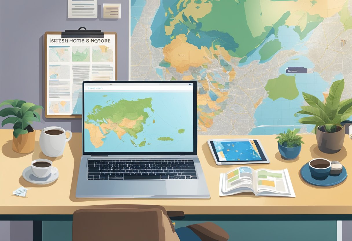 A traveler researching affordable hotels in Singapore, surrounded by maps and online listings, with a laptop and notebook open on a desk