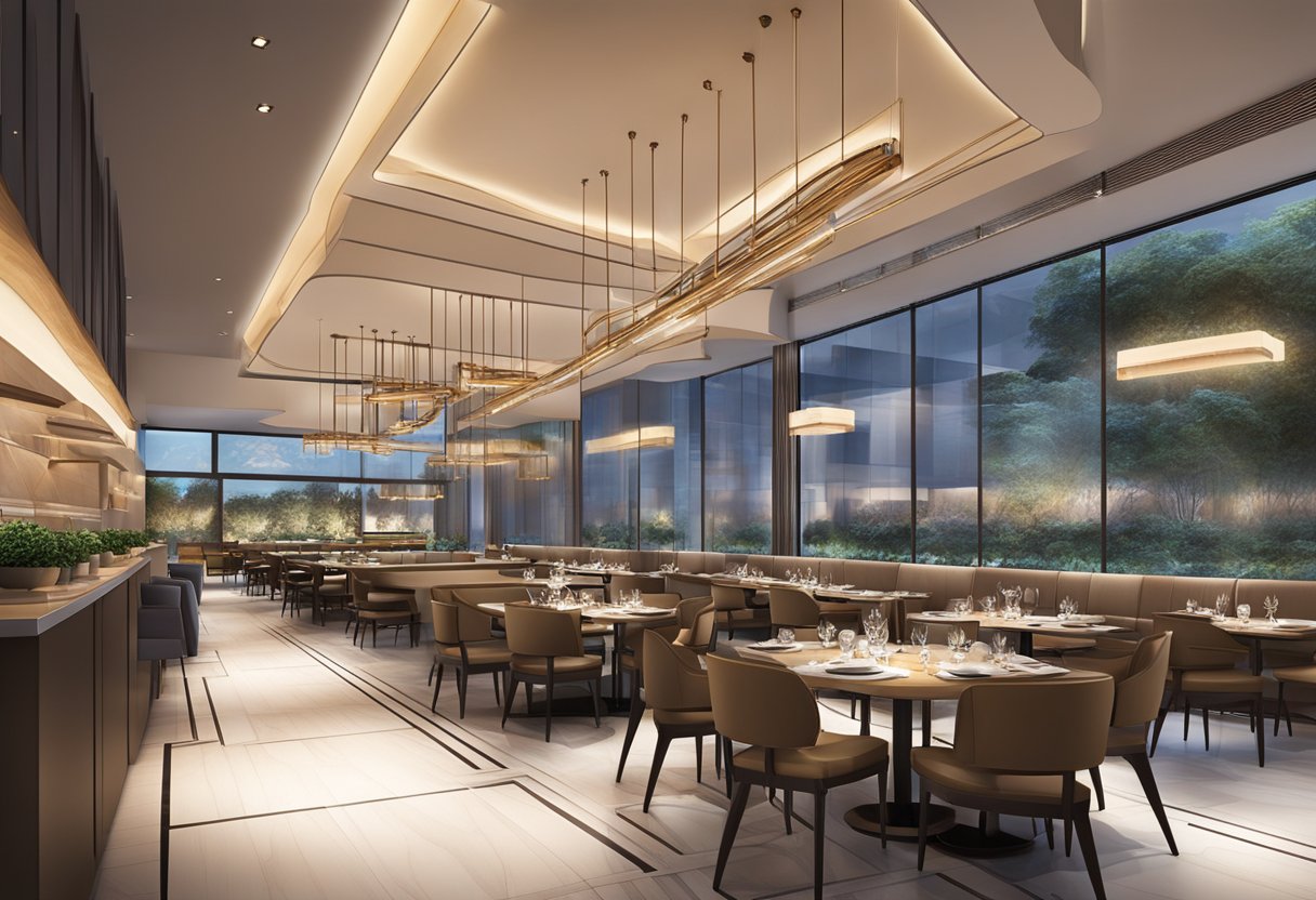 A bustling, modern restaurant interior with elegant decor and ambient lighting, featuring the iconic CUT by Wolfgang Puck logo prominently displayed