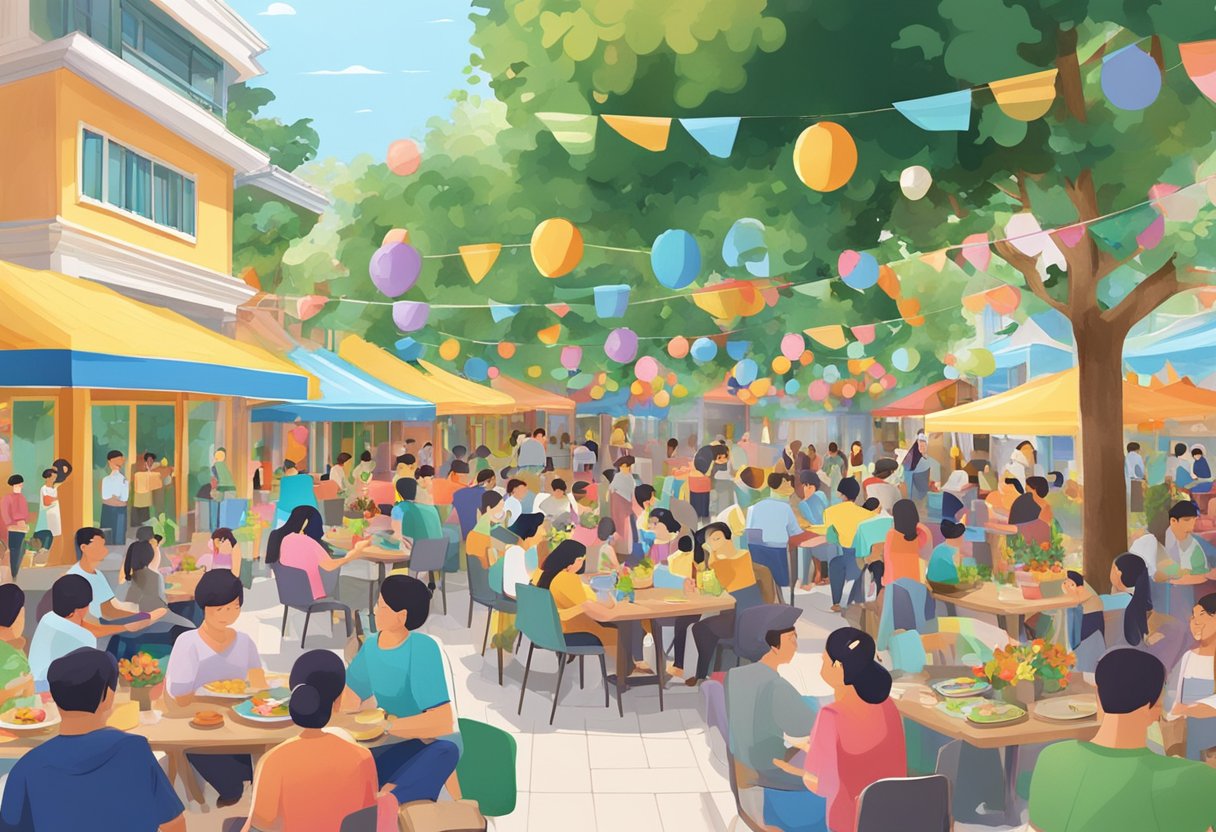 A bustling community event at 6park Singapore, with vibrant decorations and diverse attendees enjoying various activities