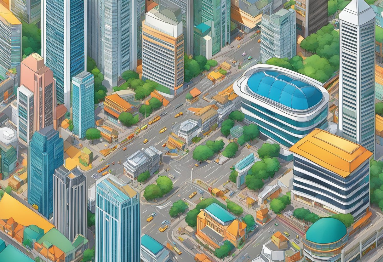 A bustling cityscape with iconic landmarks and vibrant street scenes, capturing the energy and diversity of Singapore
