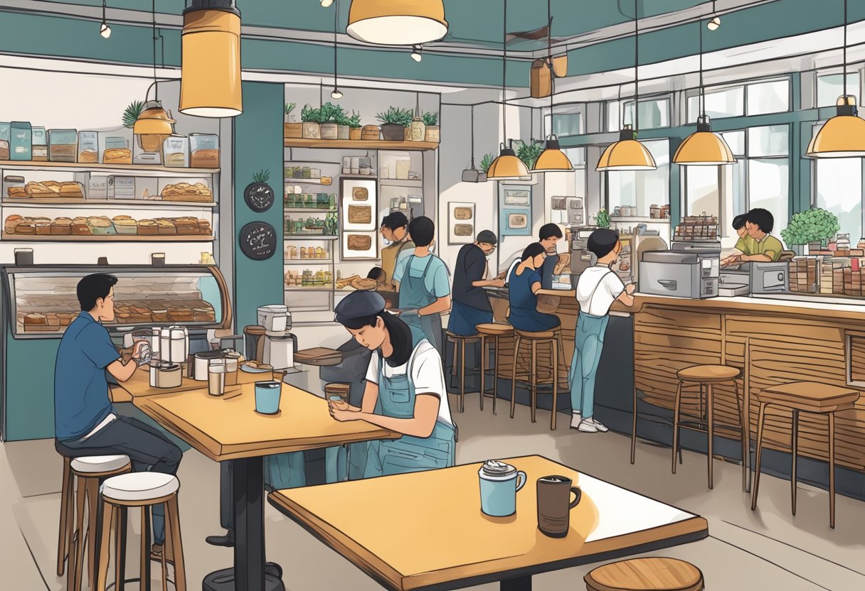 A bustling 24-hour coffee shop in Singapore with customers chatting, baristas brewing coffee, and a display of various pastries and sandwiches