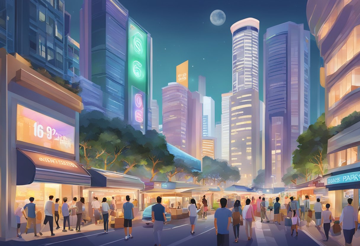 A bustling Singapore street with a prominent sign for "6park" surrounded by people and vibrant city lights