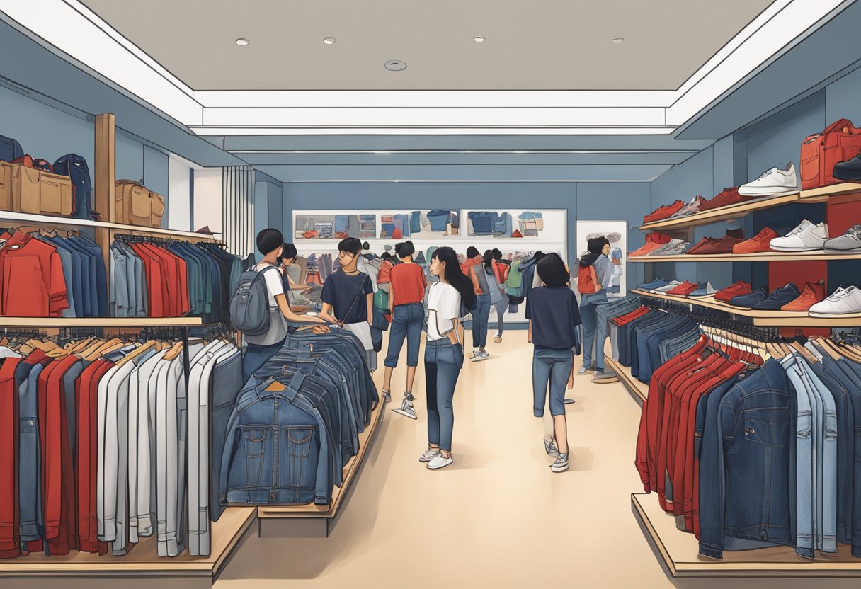 A crowded Levi's store in Singapore, with customers browsing denim and apparel. The iconic red Levi's logo is prominently displayed, showcasing the brand's heritage and popularity