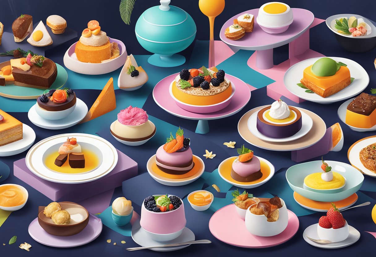 A colorful array of gourmet dishes and decadent desserts spread out on a sleek, modern table at Alter Ego Singapore