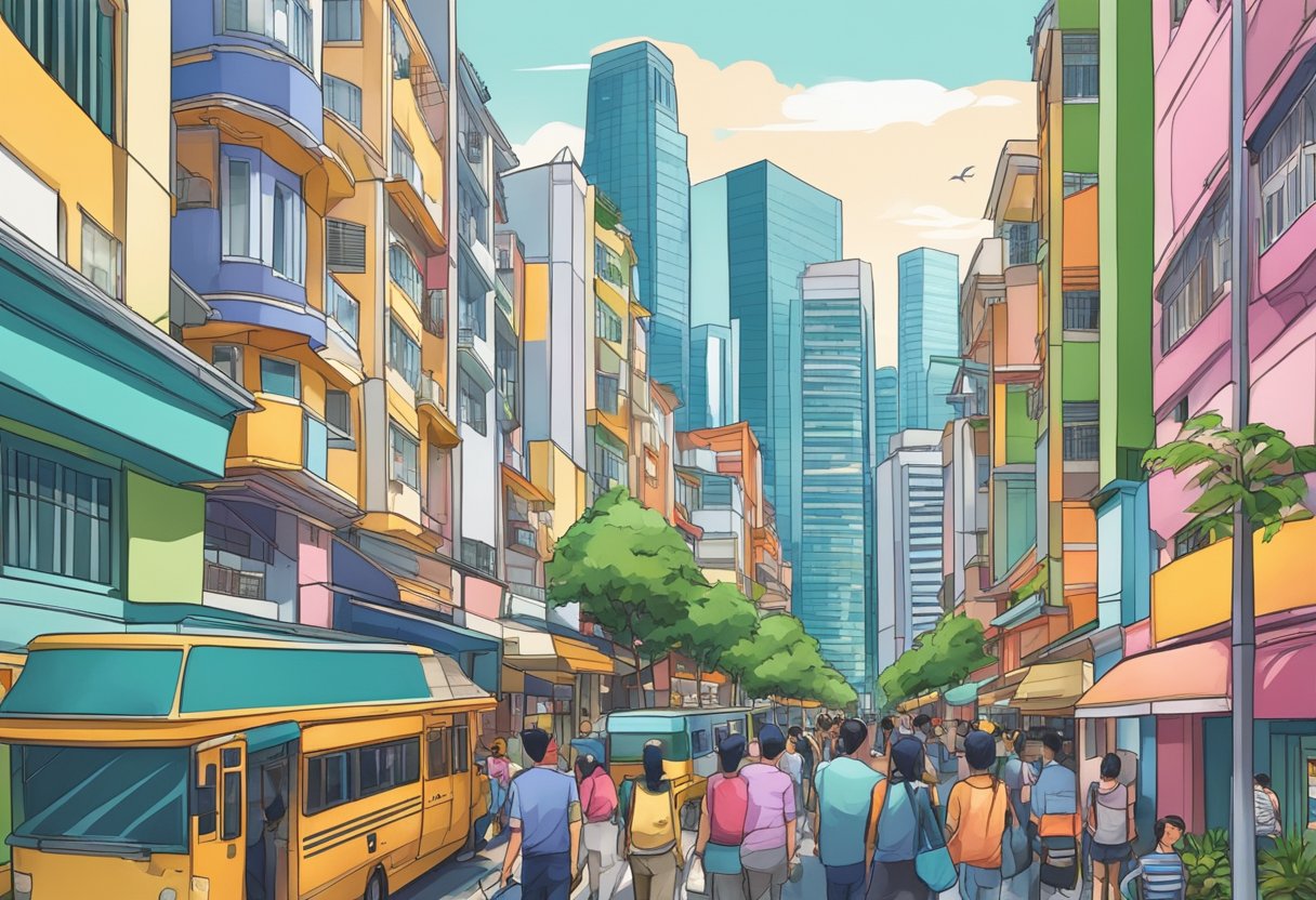 A bustling street lined with budget hotels in vibrant Singapore neighborhoods