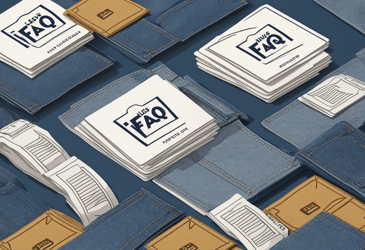 A stack of FAQ cards with Levi's logo, surrounded by denim fabric swatches and sewing tools