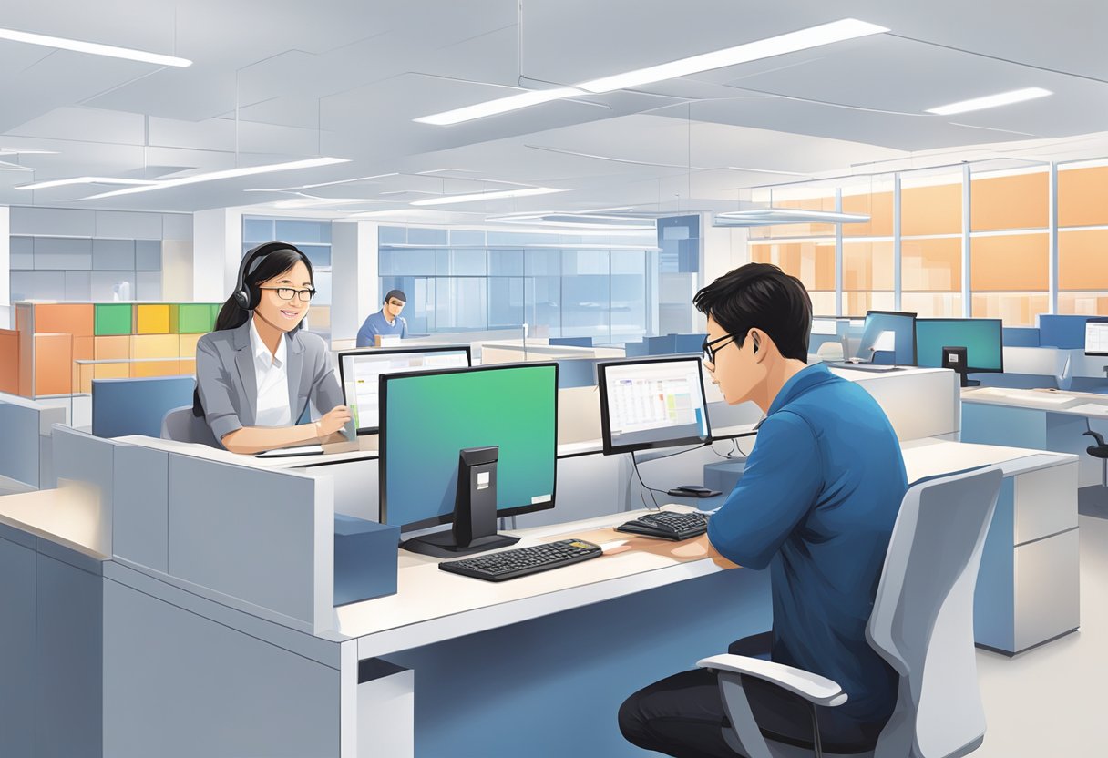 A customer service representative assists a client at a Nippon Paint Singapore support desk