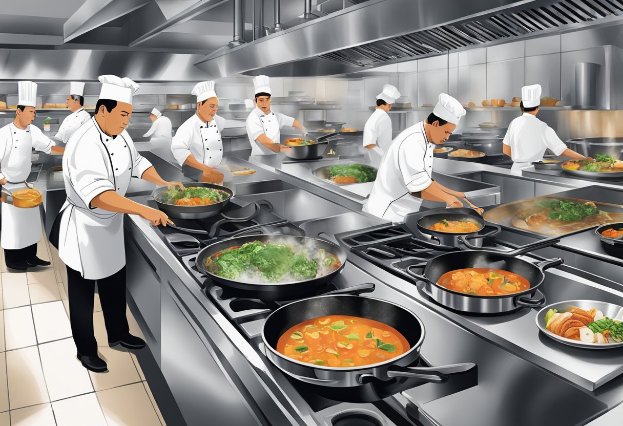 The bustling kitchen at Wolfgang Puck Singapore, filled with sizzling pans, steaming pots, and chefs working with precision and intensity
