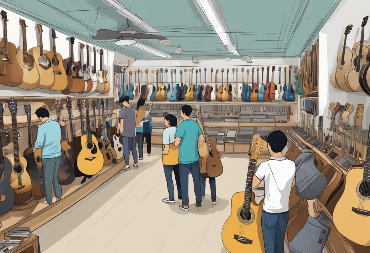 A bustling guitar shop in Singapore, with rows of guitars on display, customers trying out instruments, and staff assisting with inquiries